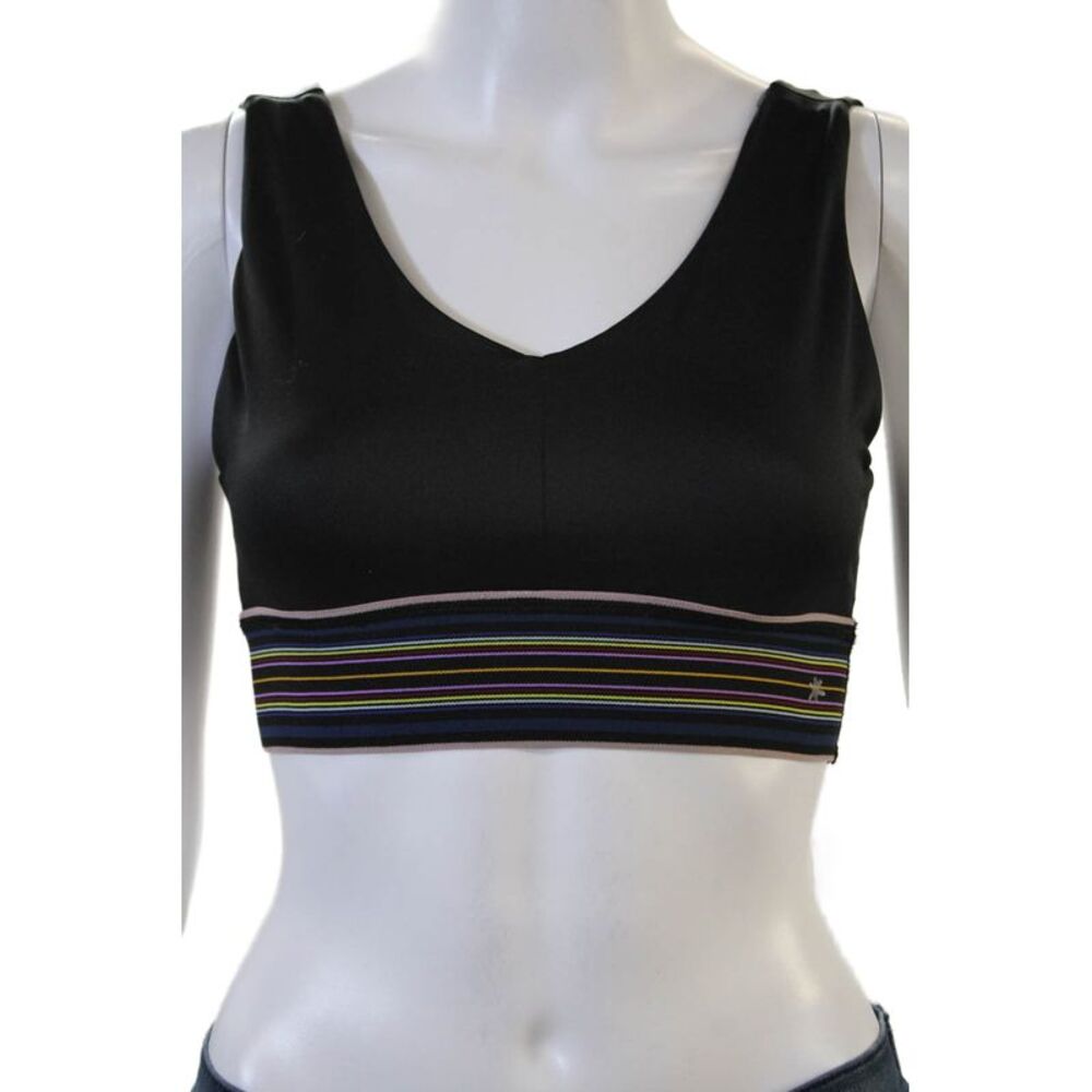 Splendid Womens Striped Trim V Neck Stretch Knit Sports Bra Black Size Small
